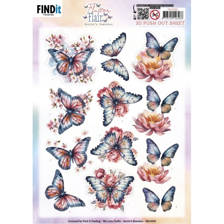 (SB10998)3D Push out Sheet - Berries Beauties - Flutter Flair - Pink Flutters