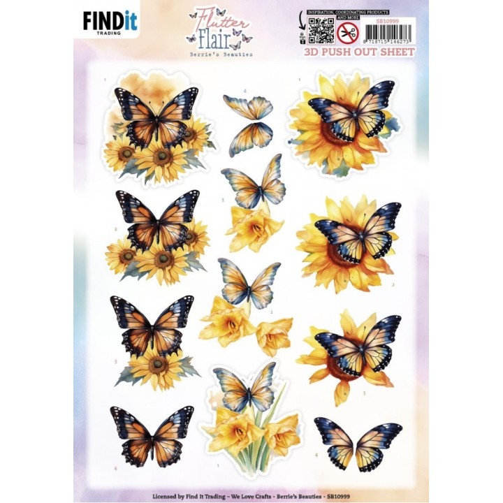 (SB10999)3D Push out Sheet - Berries Beauties - Flutter Flair - Yellow Flutters