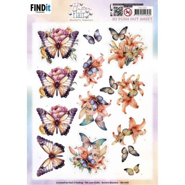 (SB11000)3D Push out Sheet - Berries Beauties - Flutter Flair - Orange Flutters