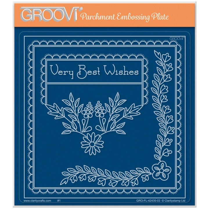 (GRO-FL-42435-03)Groovi Plate A5 Tina's Floral Swirls & Corners All in One - Very Best Wishes
