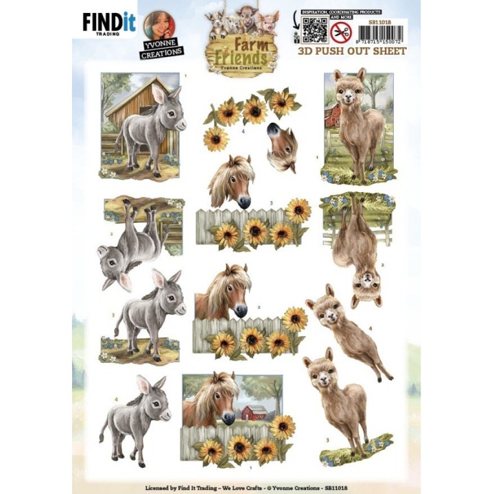 (SB11018)3D Push out Sheet - Yvonne Creations - Farm Friends - Donkey