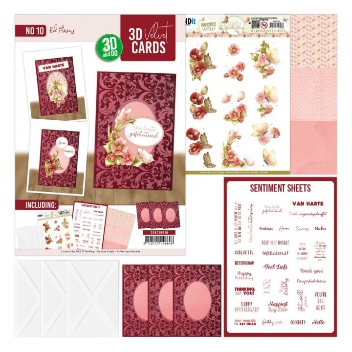 (3DVC10010)3D Velvet Cards A6 - Red Flowers