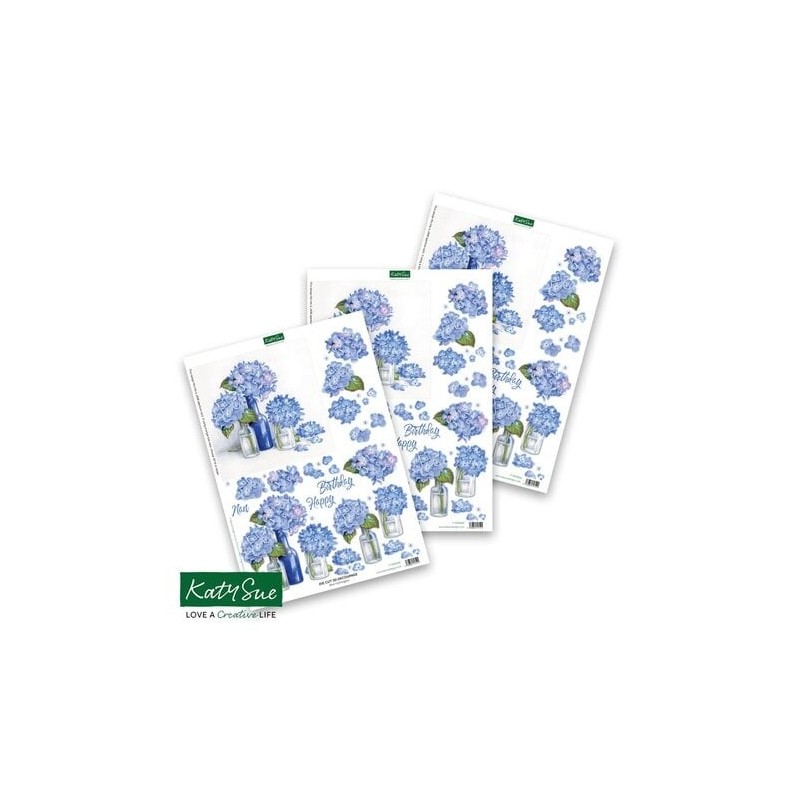 (11-DCD665)Katy Sue Designs Blue Hydrangeas 3D Die-Cut Decoupage (3pcs)
