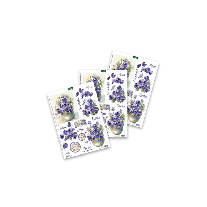 (11-DCD608)Katy Sue Designs Vases of Pansies 3D Die-Cut Decoupage (3pcs)