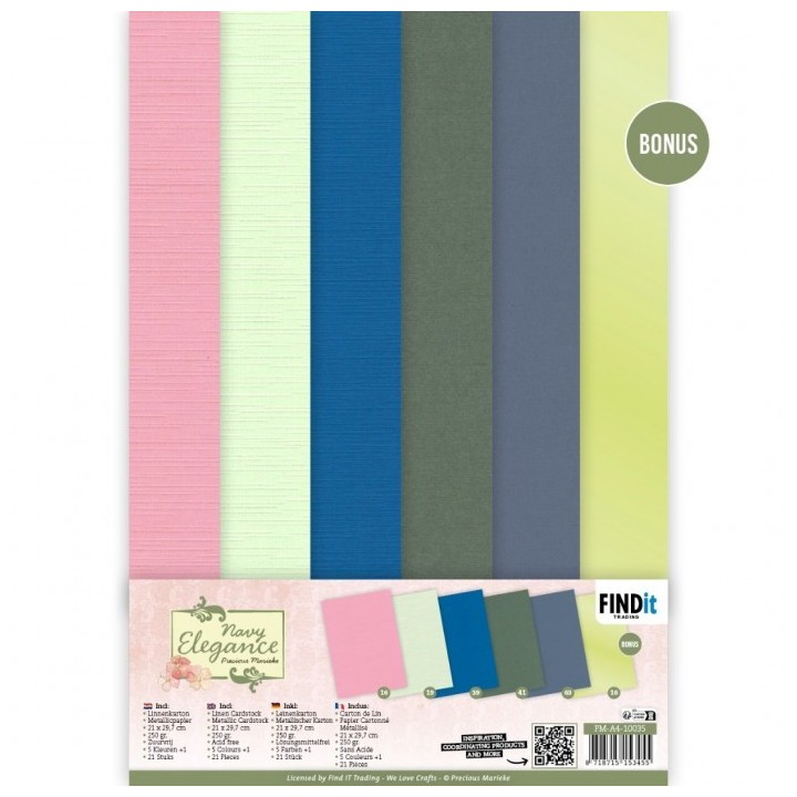 (PM-A4-10035)Linen Cardstock Pack - Precious Marieke- Navy Elegance - A4