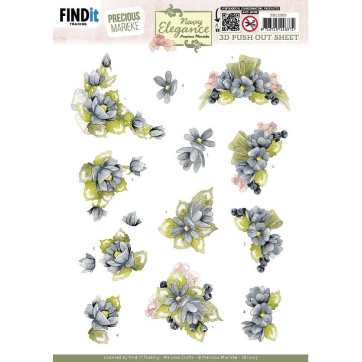 (SB11003)3D Pushout Sheet - Precious Marieke- Navy Elegance - Blue Flowers
