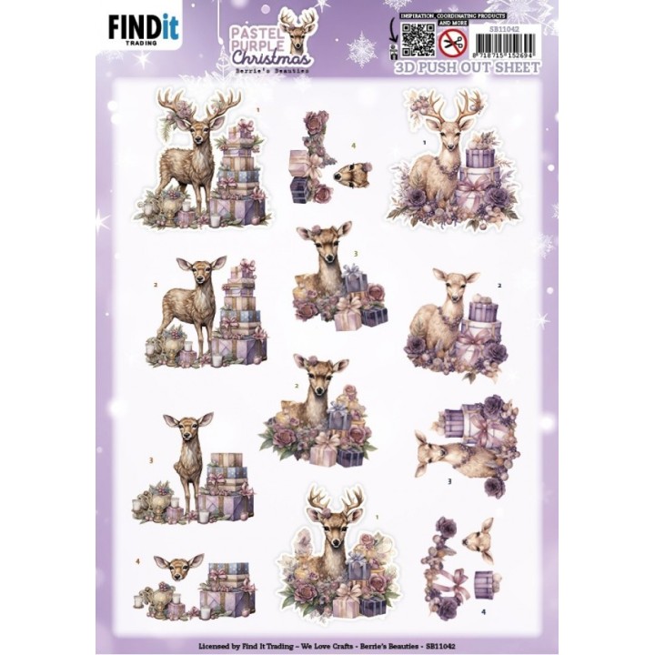 (SB11042)3D Pushout Sheet - Berries Beauties - Pastel Purple Christmas - Deer
