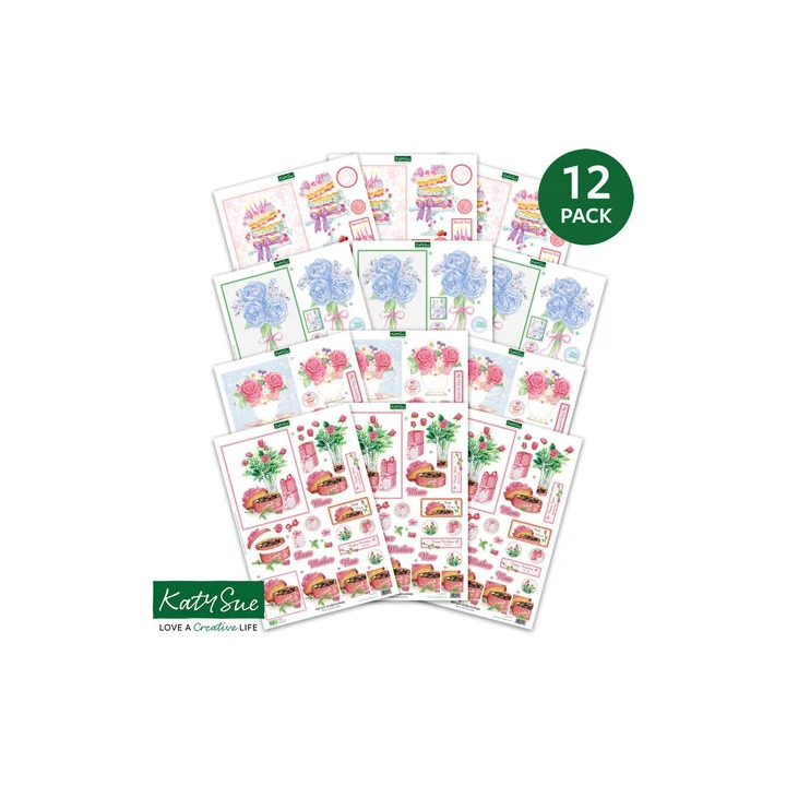 (11-DCDBCF12)Katy Sue Designs Birthday Cake and Flowers 3D Die-Cut Decoupage (12pcs)