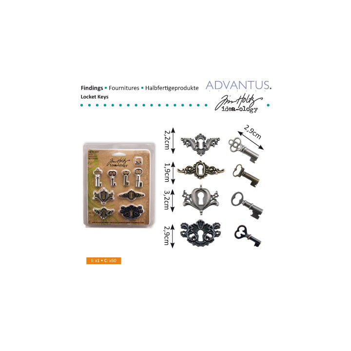 (TH92822)Tim Holtz locket keys x4, keyholes x4, fasteners x8