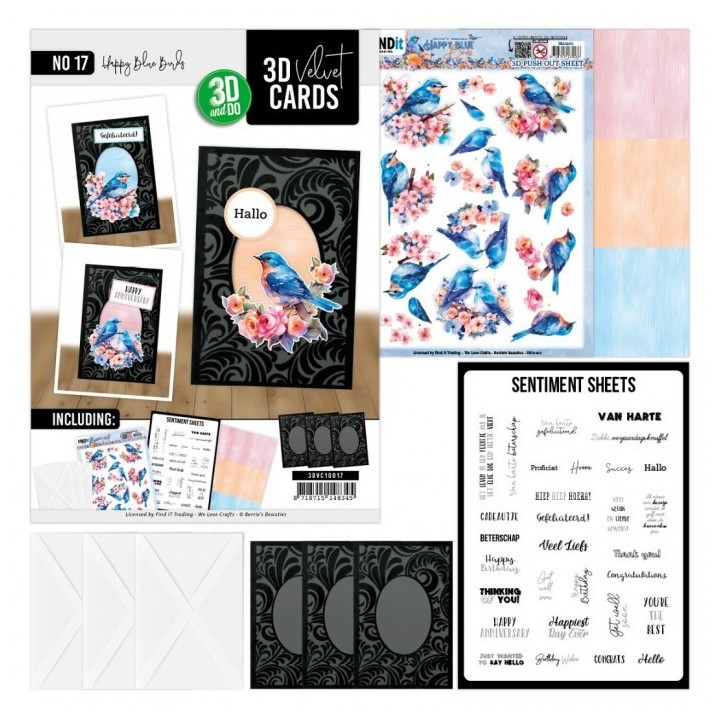 (3DVC10017)3D Velvet Cards A6 - Happy Blue Birds