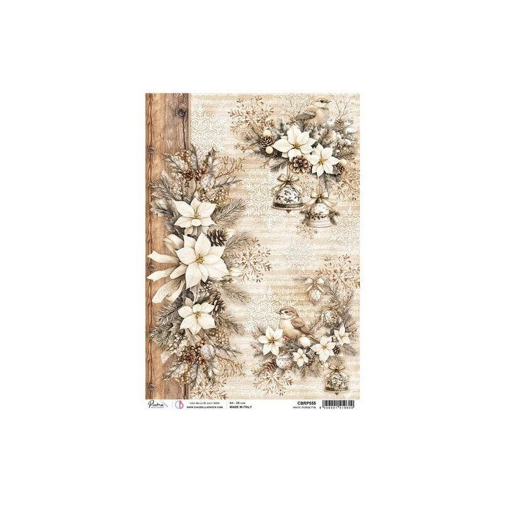 (CBRP555)CIAO BELLA Winter Season A4 Rice Paper A4 White Poinsettia (5pcs)