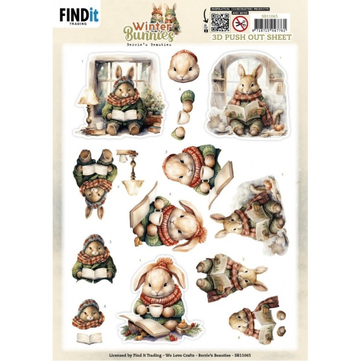 (SB11065)3D Pushout Sheet - Berries Beauties - Winter Bunnies - Reading Bunnies