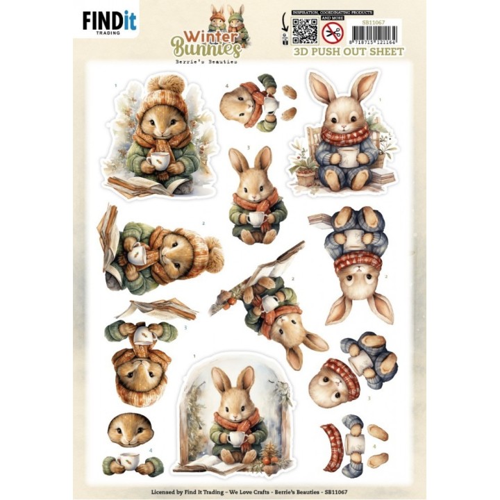 (SB11067)3D Pushout Sheet - Berries Beauties - Winter Bunnies - Drinking Bunnies