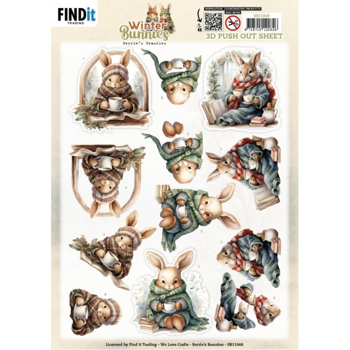 (SB11068)3D Pushout Sheet - Berries Beauties - Winter Bunnies - Cosy Bunnies