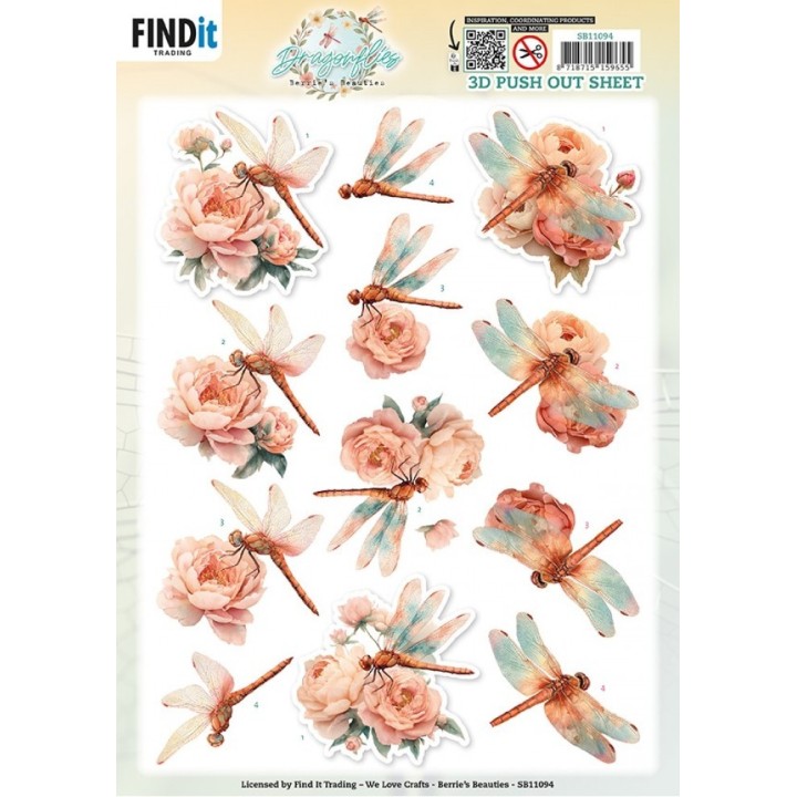 (SB11094)3D Pushout Sheet - Berries Beauties - Dragonflies - Blush