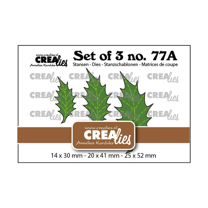 (CLSET77A)Crealies Set of 3 Dies No. 77A Leaves 22 Solid Holly with Stitchline (Mirror Image)