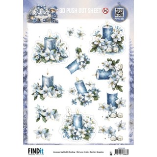 (SB11155)3D Pushout Sheet - Berries Beauties - Blue Christmas - Blue Candles and White Poinsettia