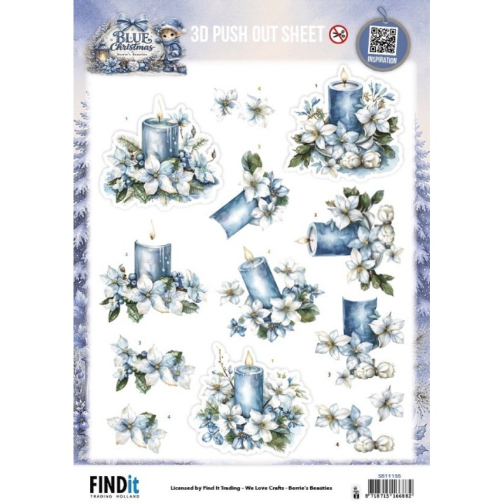 (SB11155)3D Pushout Sheet - Berries Beauties - Blue Christmas - Blue Candles and White Poinsettia