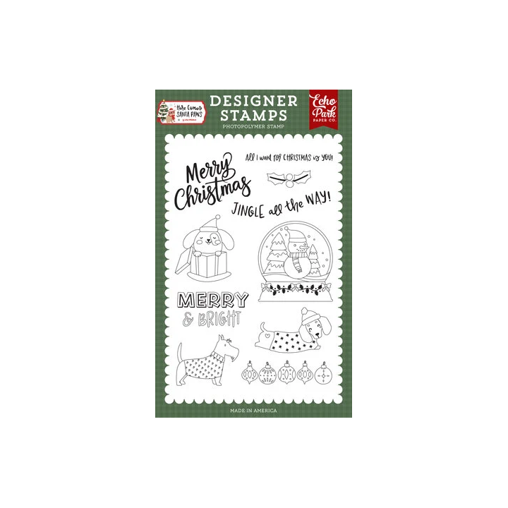 (HCSP517043)Echo Park Here Comes Santa Paws Designer Stamp Set Puppy Present