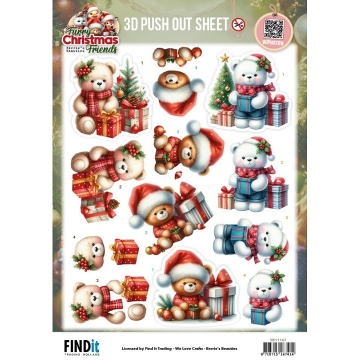 (SB11167)3D Pushout Sheet - Berries Beauties - Furry Christmas Friends - Christmas Bear