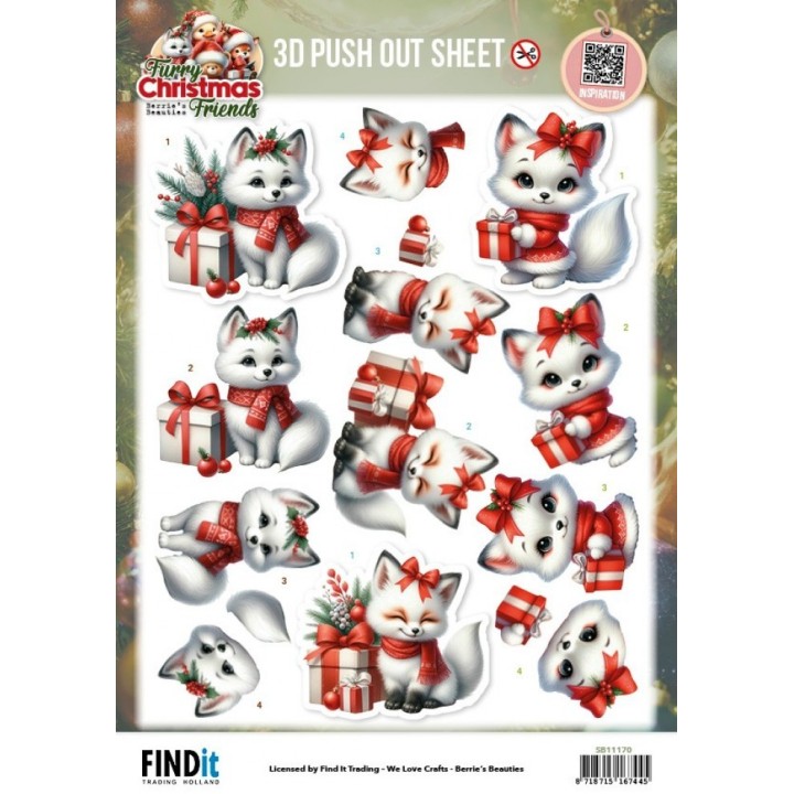 (SB11170)3D Pushout Sheet - Berries Beauties - Furry Christmas Friends - Christmas White Fox