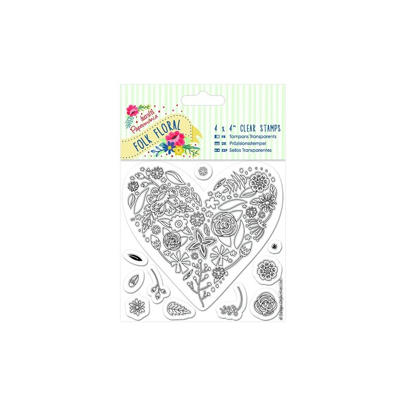 (PMA907235)4 x 4 Clear Stamp (11pcs) - Folk Floral - Heart
