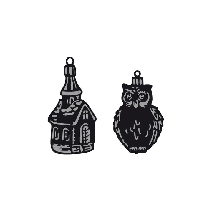 (CR1381)Craftables stencil Tiny's ornaments church & owl