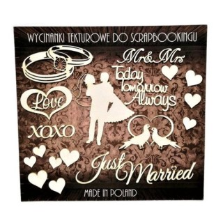 (ZESTAW_023)Filigranki Laser Cut Chipboards JUST MARRIED set 18pcs