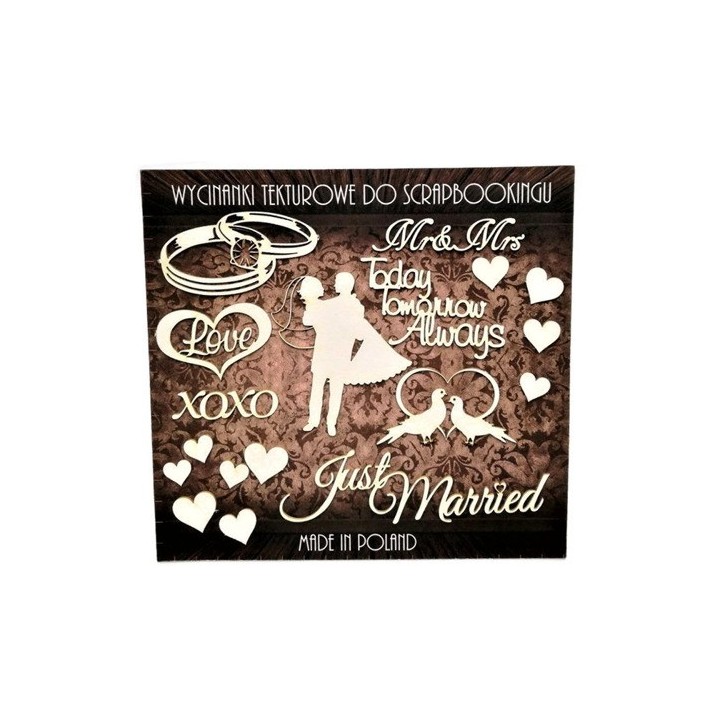 (ZESTAW_023)Filigranki Laser Cut Chipboards JUST MARRIED set 18pcs