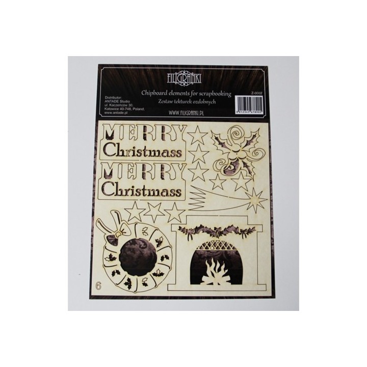 (ZESTAW_006)Filigranki Laser Cut Chipboards MERRY CHRISTMAS SET 14 pcs