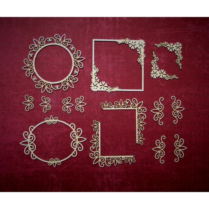 (ZESTAW_014)Filigranki Laser Cut Chipboards FRAMES AND CORNERS SET 15 pcs