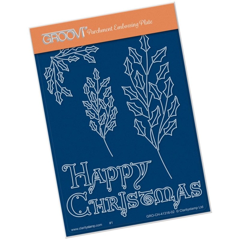 (GRO-CH-41316-02)Groovi® plate A6 HOLLY BRANCH WITH HAPPY CHRISTMAS