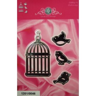 (1201/0046)Lin & Lene stencil bird cage + 3 birds