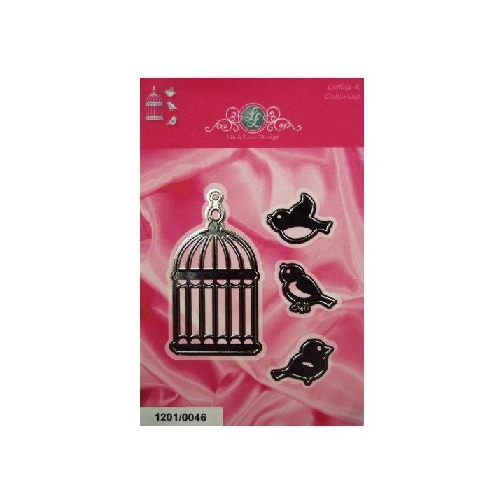 (1201/0046)Lin & Lene pochoir cage à oiseaux + 3 oiseaux