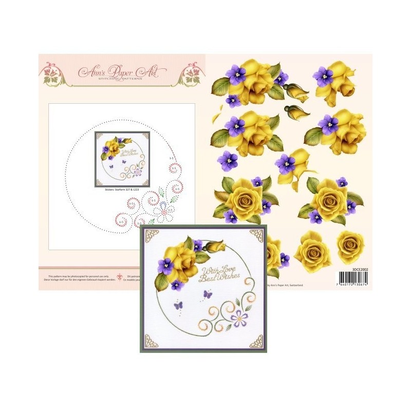 (3DCE2002)3D Card Embroidery Sheet 2 Yellow Roses