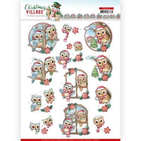 (SB10475)3D Push Out - Yvonne Creations - Christmas Village - Christmas Owls