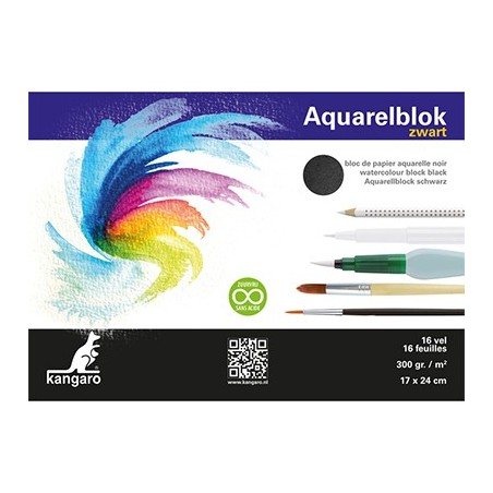 (K-5311)Kangaro Watercolour block black 17 X 24 cm 16 sheets 300 grs black