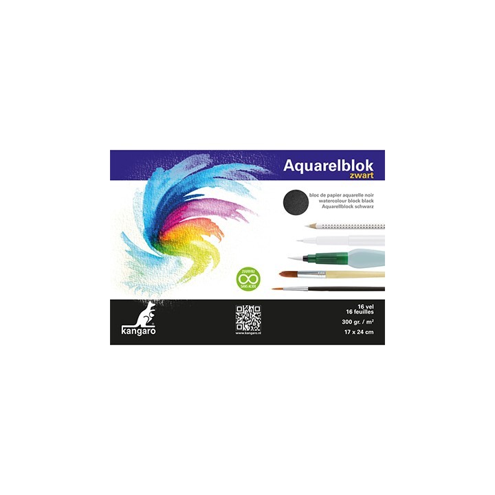 (K-5311)Kangaro Watercolour block black 17 X 24 cm 16 sheets 300 grs black