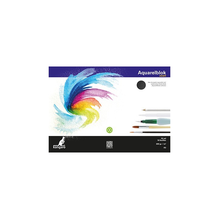 (K-5313)Kangaro Watercolour block black A3 16 sheets 300 grs black