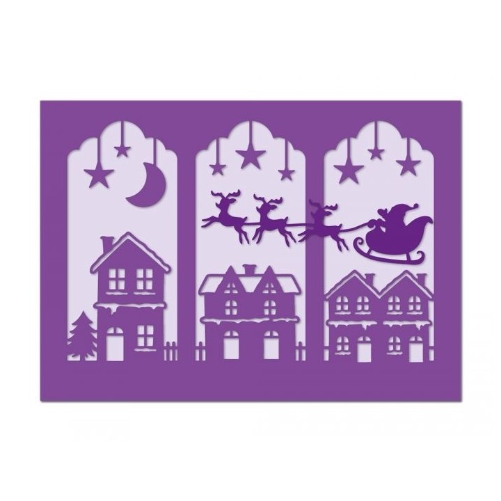 (GEM-MD-ELE-SANRO)Gemini Triptych Santa Over Rooftops Elements Dies