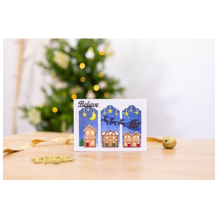 (GEM-MD-ELE-SANRO)Gemini Triptych Santa Over Rooftops Elements Dies