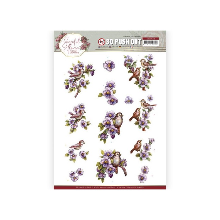(SB10624)3D Push Out - Yvonne Creations - Graceful Flowers - Birds and Blackberries