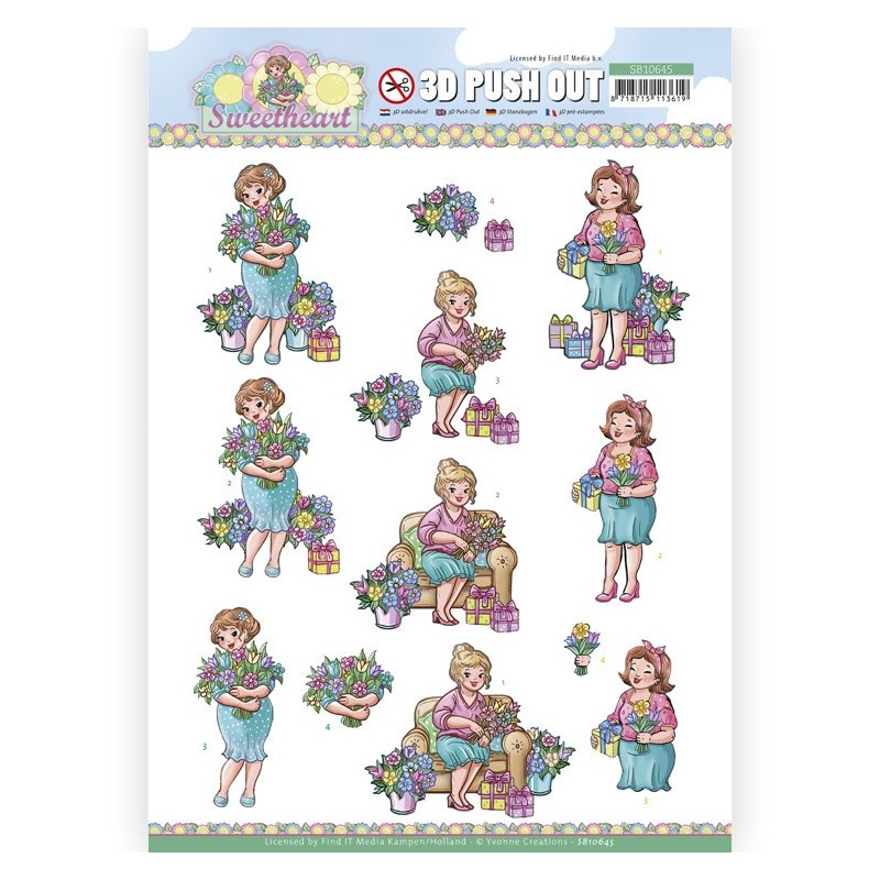 (SB10645)3D Push Out - Yvonne Creations - Bubbly Girls - Sweetheart - Flowers and gifts