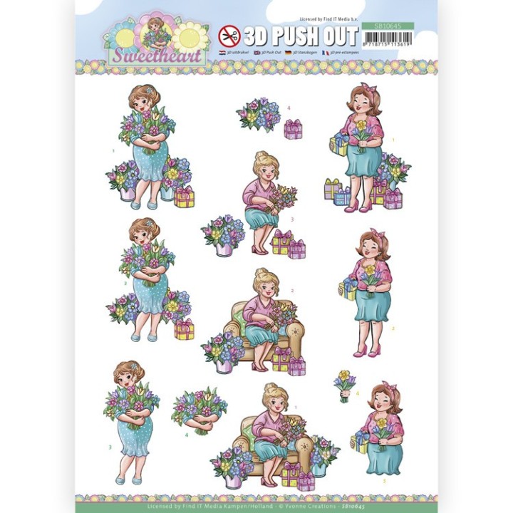 (SB10645)3D Push Out - Yvonne Creations - Bubbly Girls - Sweetheart - Flowers and gifts