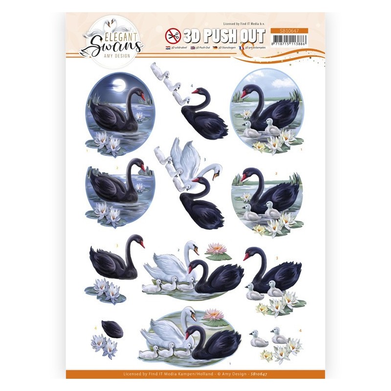 (SB10647)3D Push Out - Amy Design - Elegant Swans - Black swans