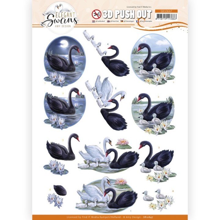 (SB10647)3D Push Out - Amy Design - Elegant Swans - Black swans