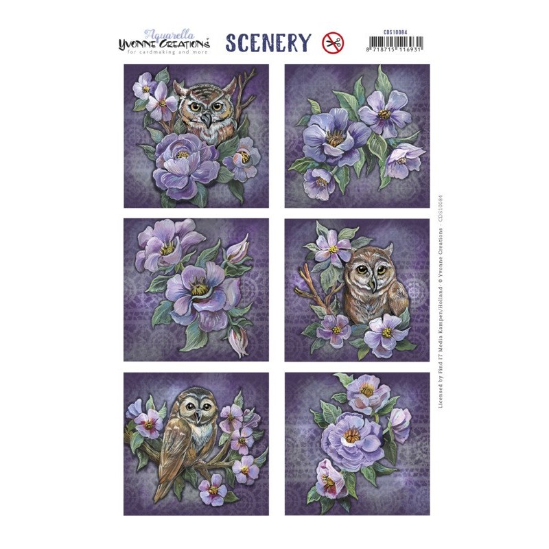 (CDS10084)Scenery - Yvonne Creations - Aquarella - Owls and Flowers Square