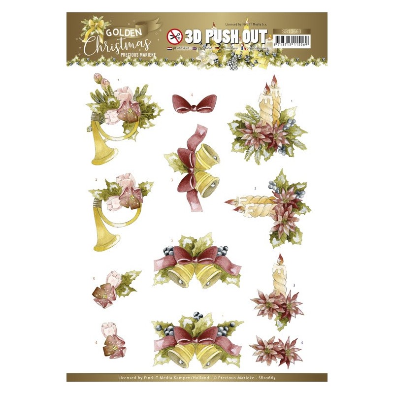 (SB10663)3D Push Out - Precious Marieke - Golden Christmas - Christmas Bells