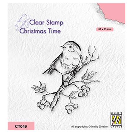 (CT049)Nellie's Choice Clear stamps Christmas time Robin on berrie branch