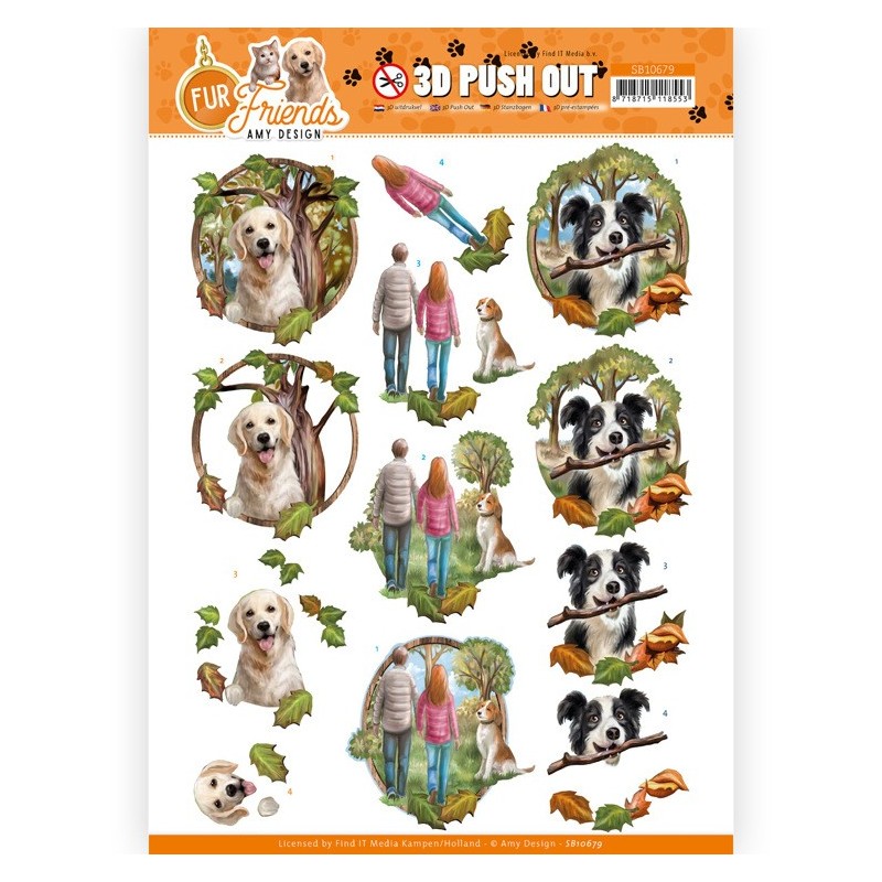 (SB10679)3D Push Out - Amy Design - Fur Friends - Walking the Dog